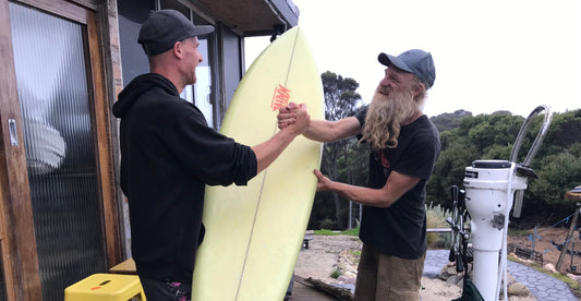 Opening image: Addy Jones hands over a classic 1973 Baddy Treloar pintail single-fin to Baddy’s stepson, Dan Ross. Photo Harry Triglone