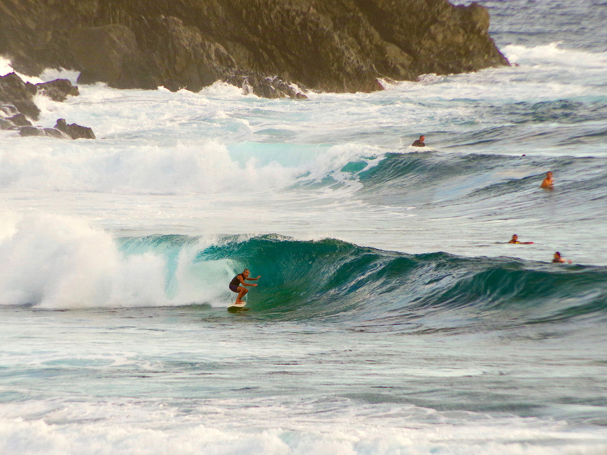 Gerry Lopez’s first surf in six months. Unsurprisingly, he put himself right back where he belongs: in the pocket. Amami Ōshima, Japan. Photo Hideaki Satou